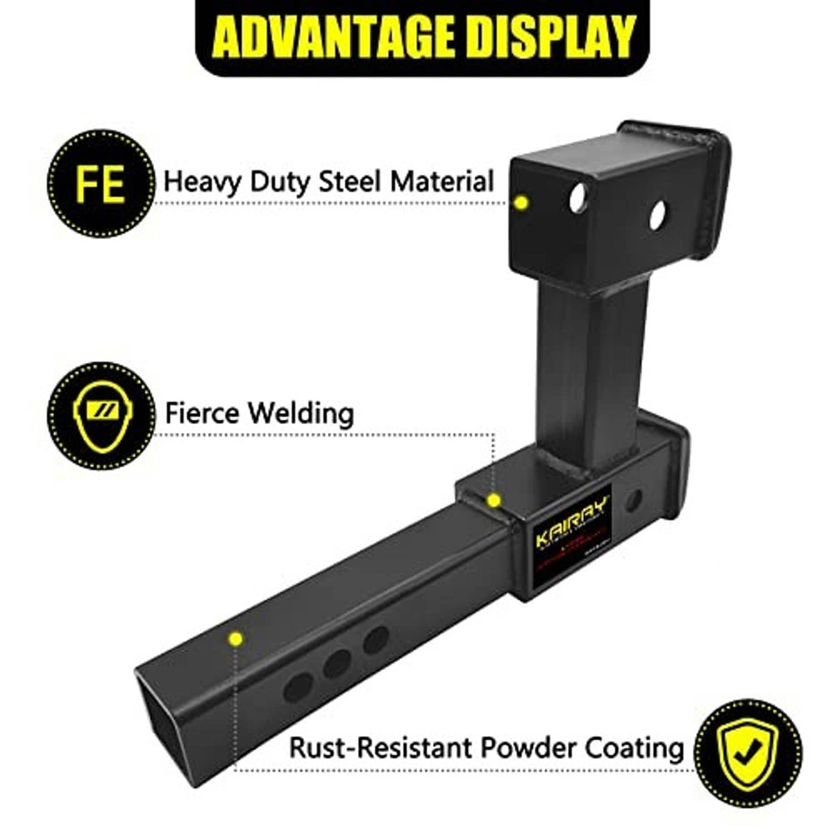 Black heavy-duty steel dual trailer hitch riser with powder-coated bar and pin holes