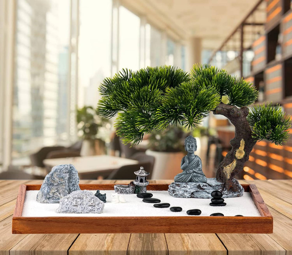 Mini zen garden kit with Buddha statue, pine tree ornament, rocks, and black balancing stones