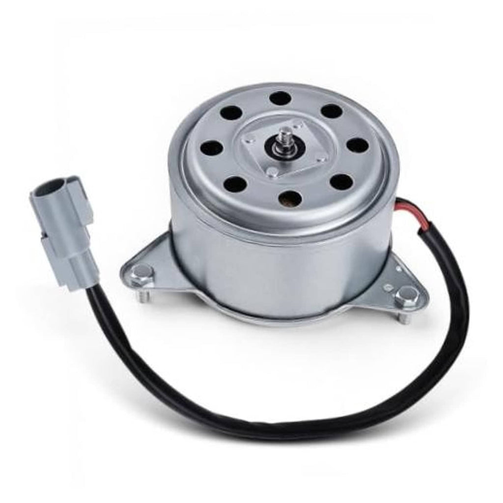 Engine radiator cooling fan motor with metal housing, mounting bracket, and wiring harness