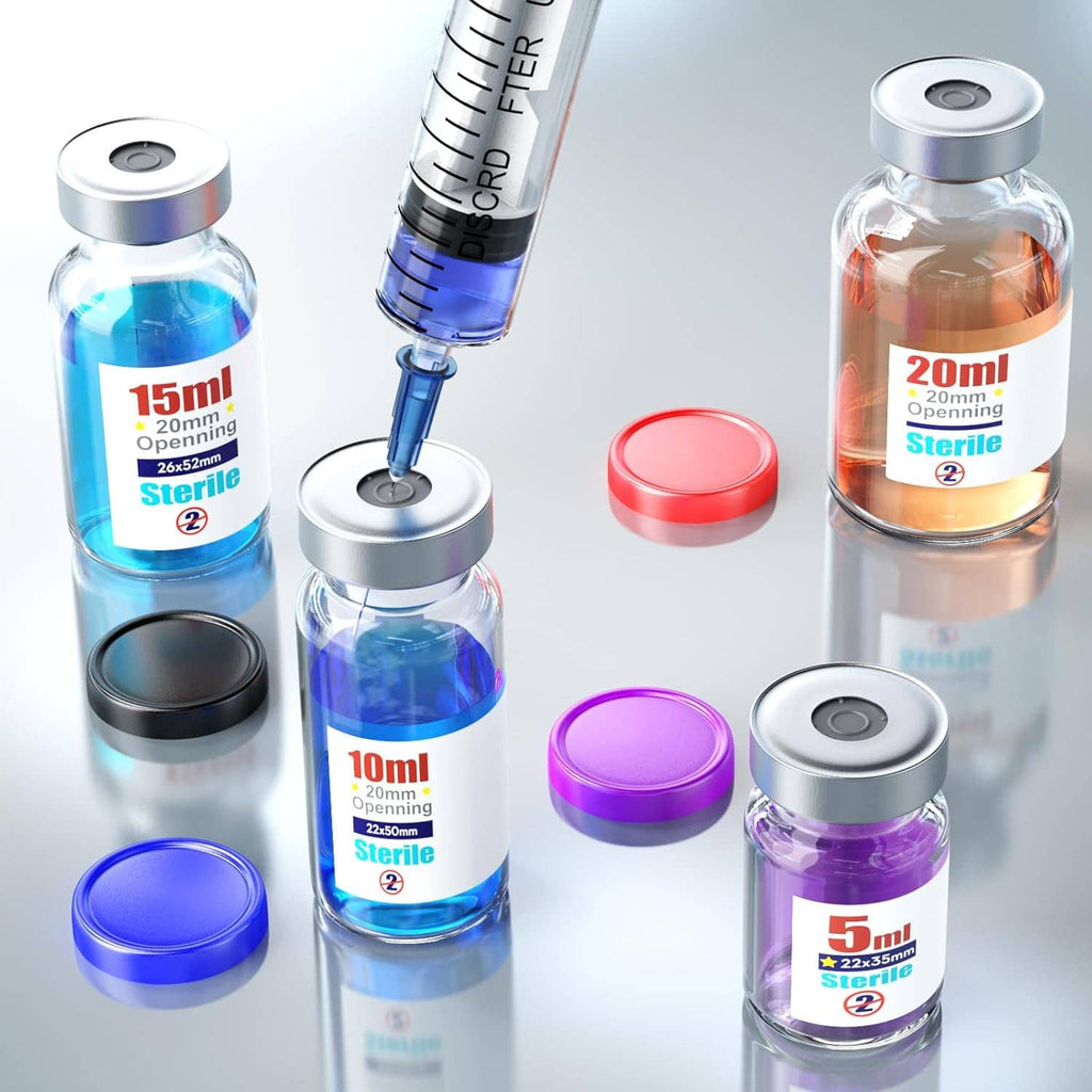 Sterile empty injection vials with self-healing port and flip-off aluminum caps, clear glass
