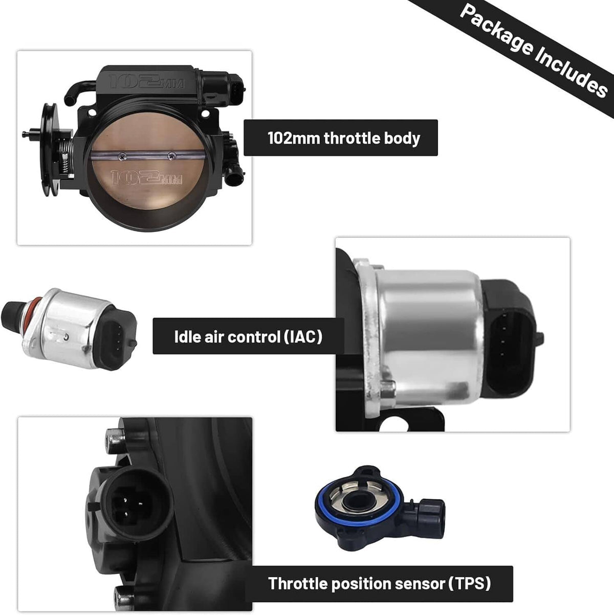 102mm throttle body package includes idle air control and TPS sensor shown separately