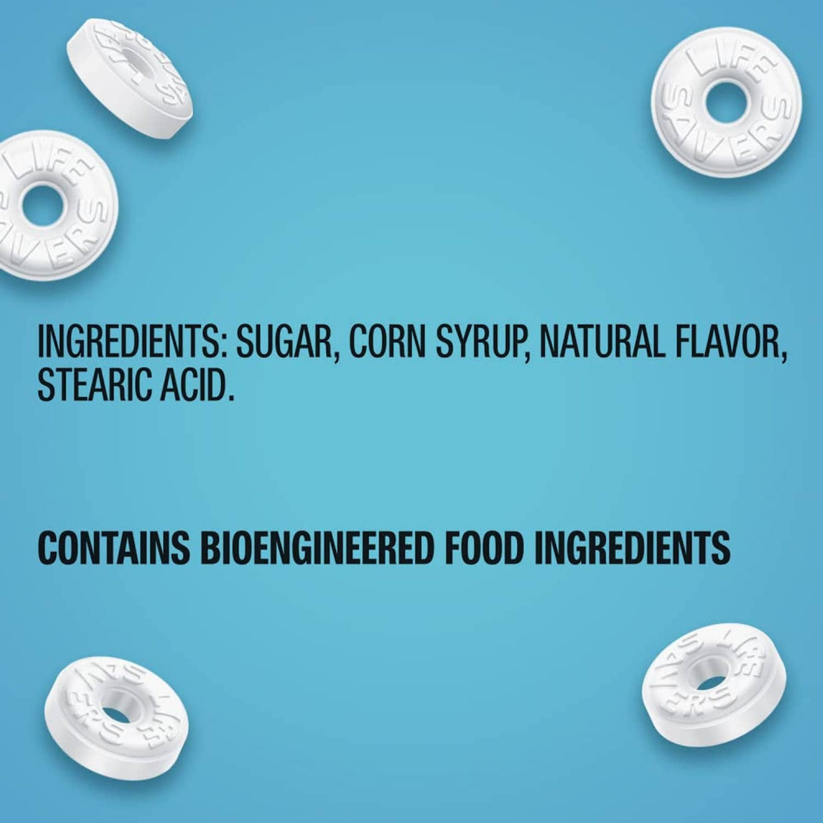 Lifesavers Pep O Mint candy bag showing ingredients and contains bioengineered info.