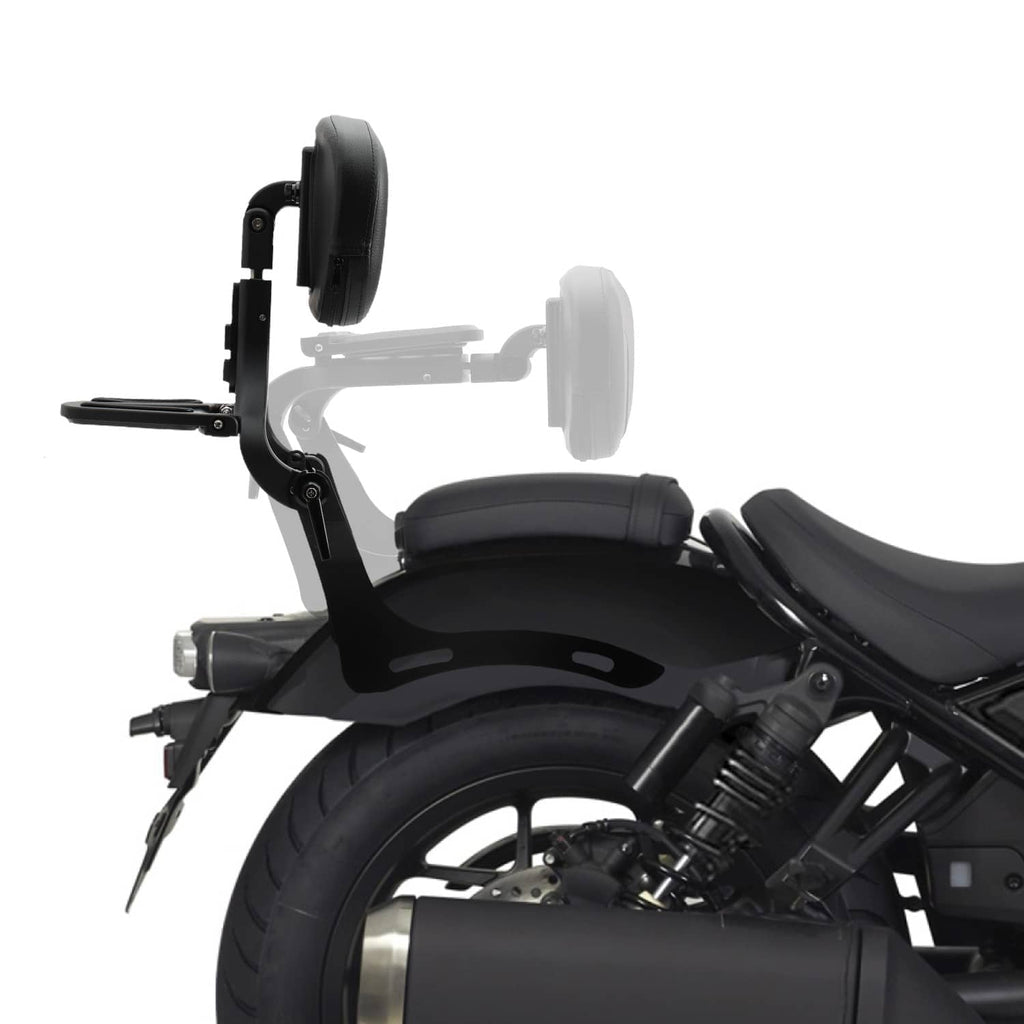 Mounted black sissy bar backrest and rear luggage rack on a cruiser motorcycle