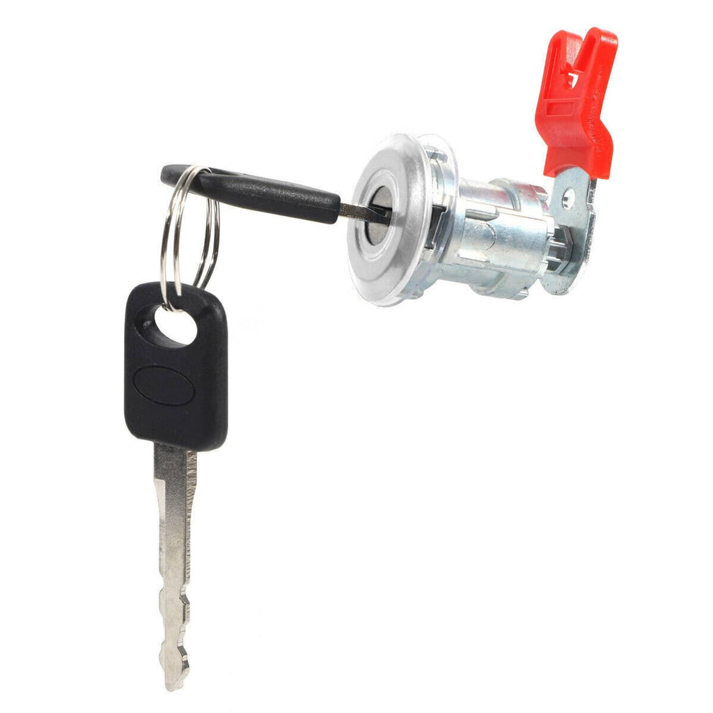 Ignition/door lock cylinder with black key and silver circular housing