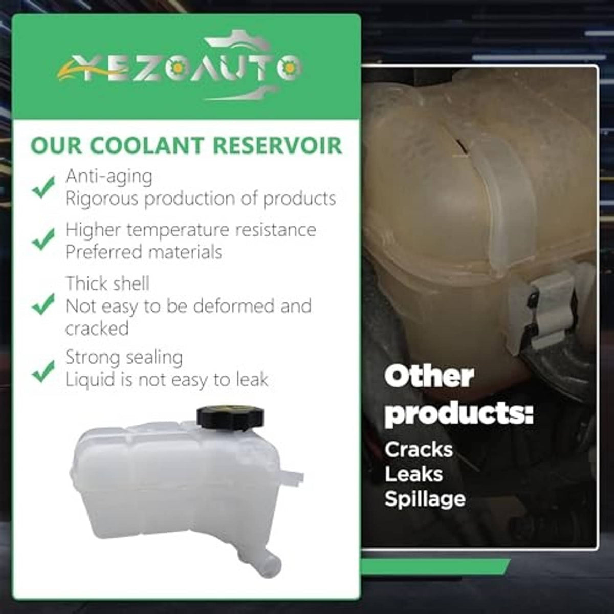 Coolant reservoir durability infographic with leak-sealing and anti-aging callouts