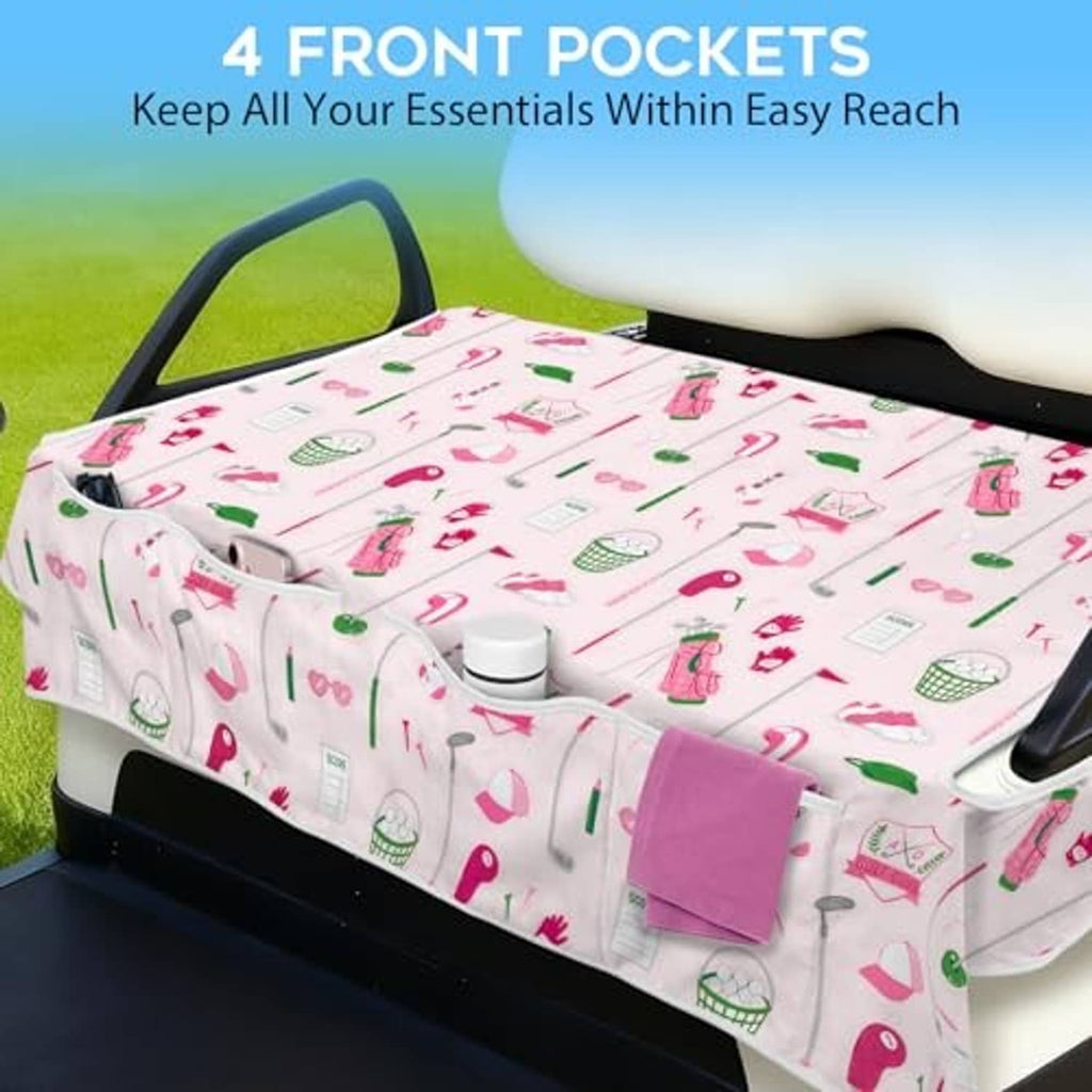 Golf cart seat cover with four front pockets and colorful golf icon print