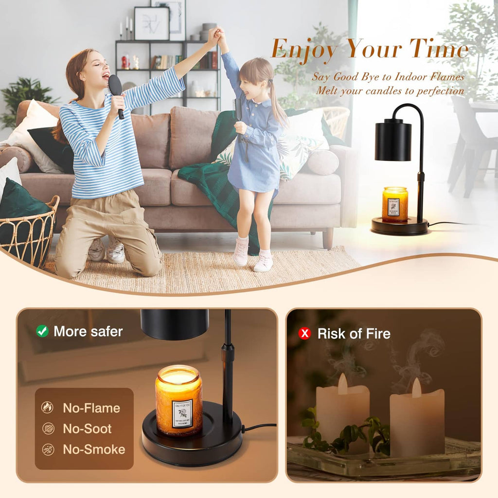 Black candle warmer lamp on a coffee table, warming a small jar candle