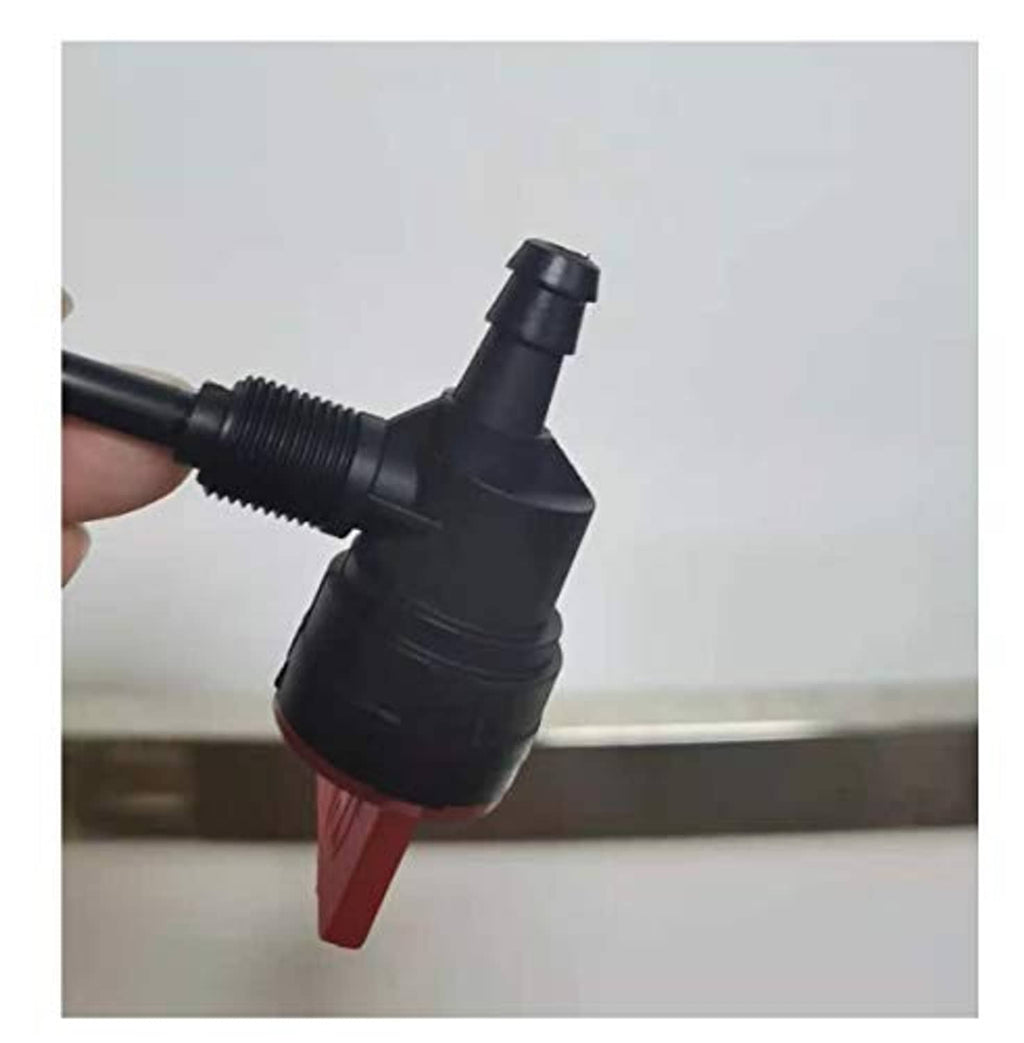 Fuel pickup shut-off valve fitting, black housing with red lever close-up