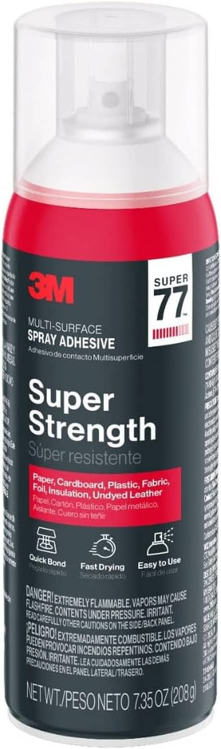 3M Super 77 multi-surface spray adhesive can, white cap and red-and-black label