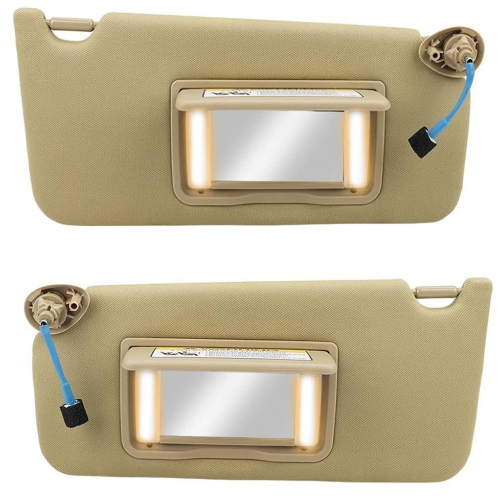 Tan car sun visor with rectangular mirror window and built-in LED light
