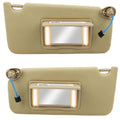 Tan car sun visor with rectangular mirror window and built-in LED light