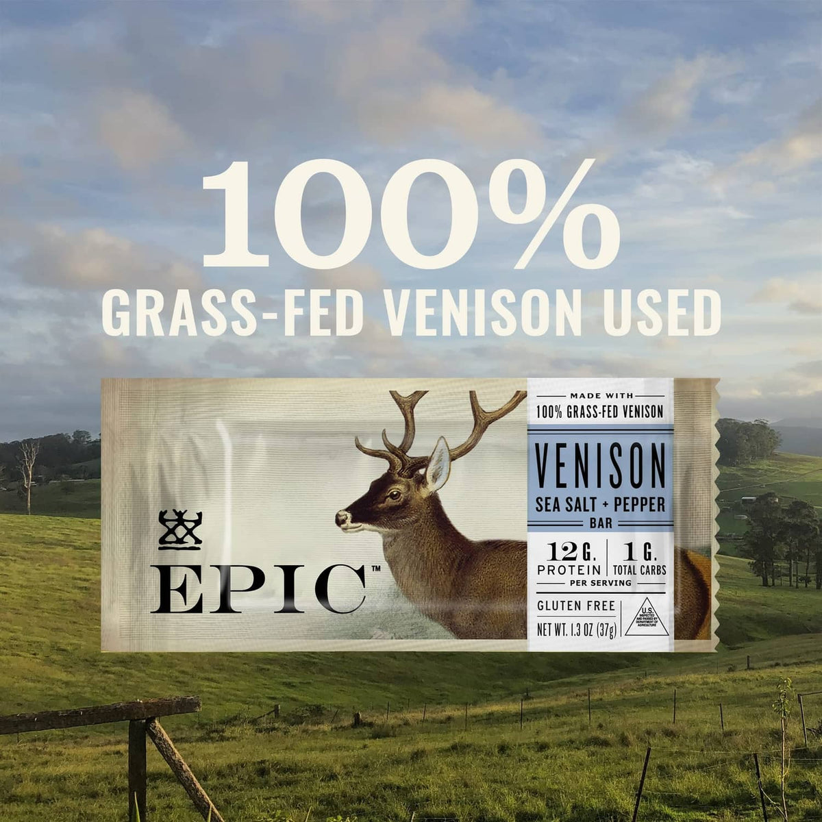 Venison sea salt and pepper bar box pack shown in outdoor ad