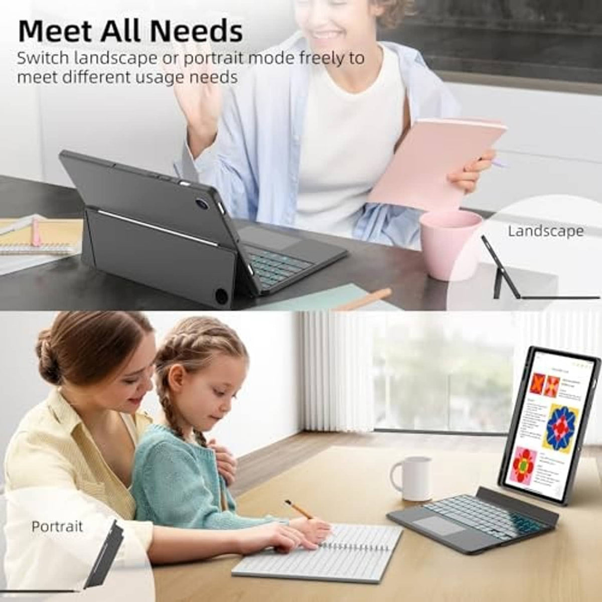 Magnetic tablet keyboard case in landscape and portrait positions with keyboard attached