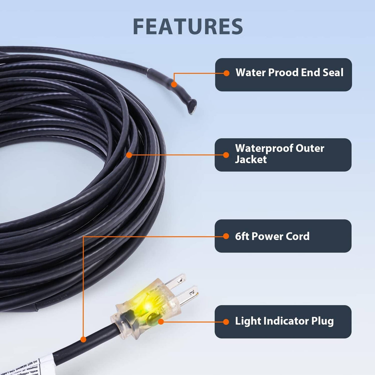 Black de-icing cable close-up with waterproof jacket and light indicator plug