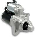 Starter motor with silver housing, black solenoid, and mounting bracket terminals