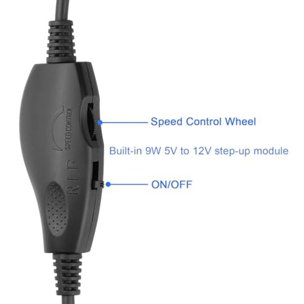 Black speed control wheel on USB fan adapter, with built-in on/off switch