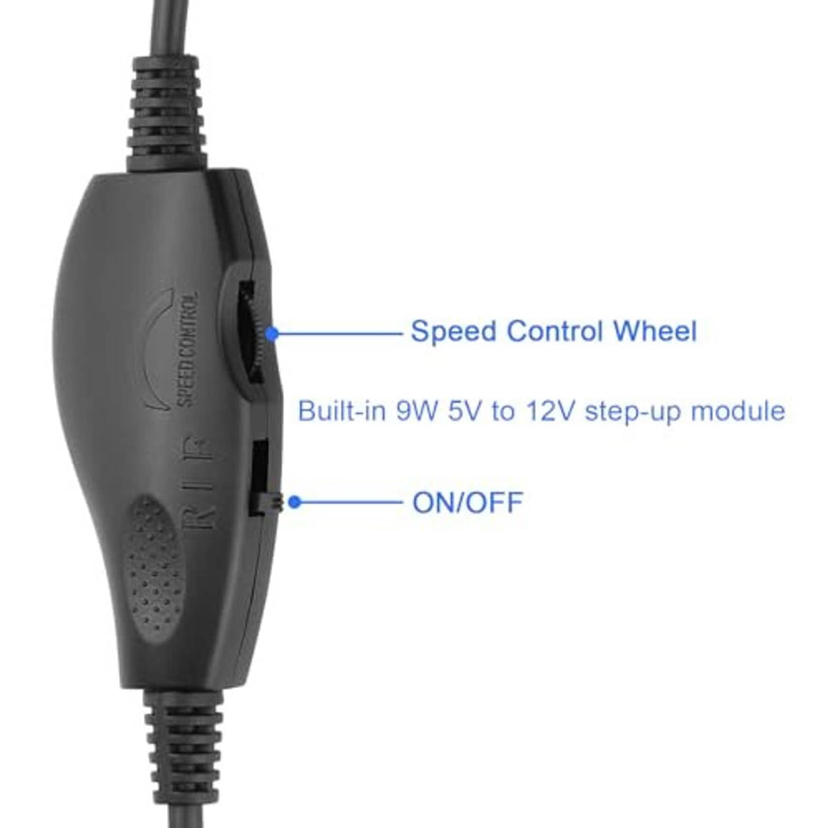 Black speed control wheel on USB fan adapter, with built-in on/off switch