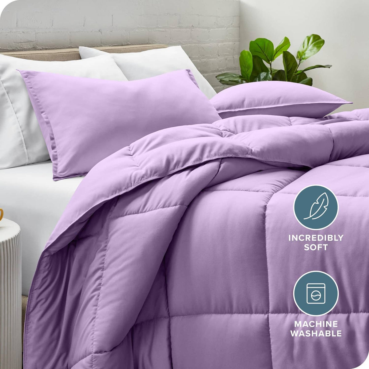 Lavender comforter with pillow shams, puffer-style quilted baffles