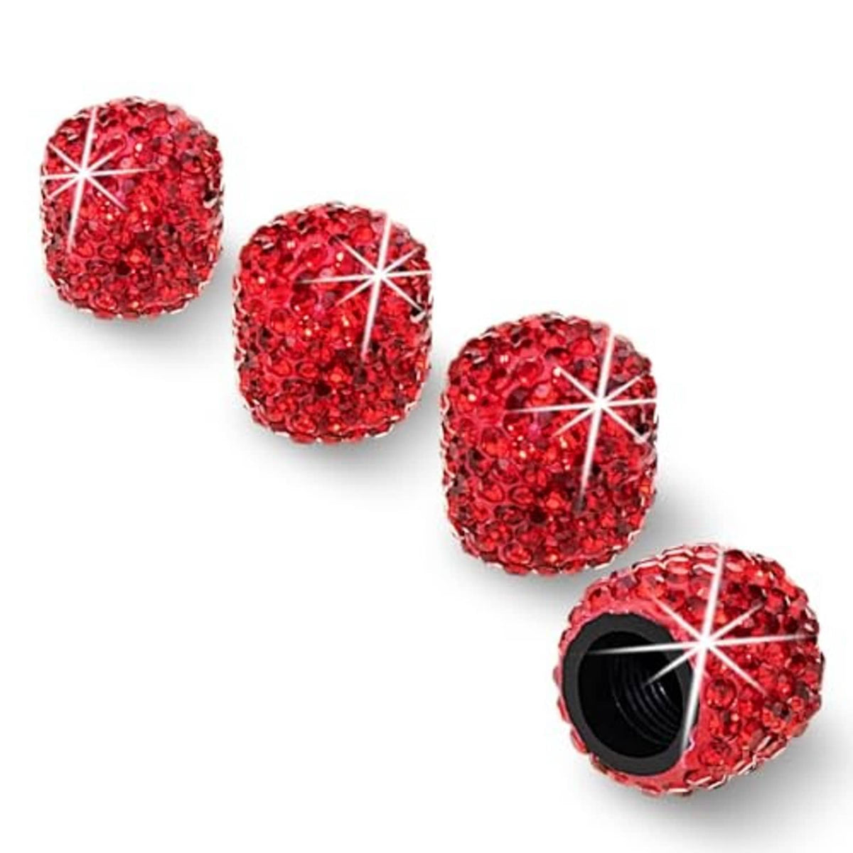 Red rhinestone tire valve stem caps with silver starburst spokes, set of 4