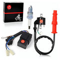 Ignition coil and CDI box kit with spark plug, black module, and wiring harness