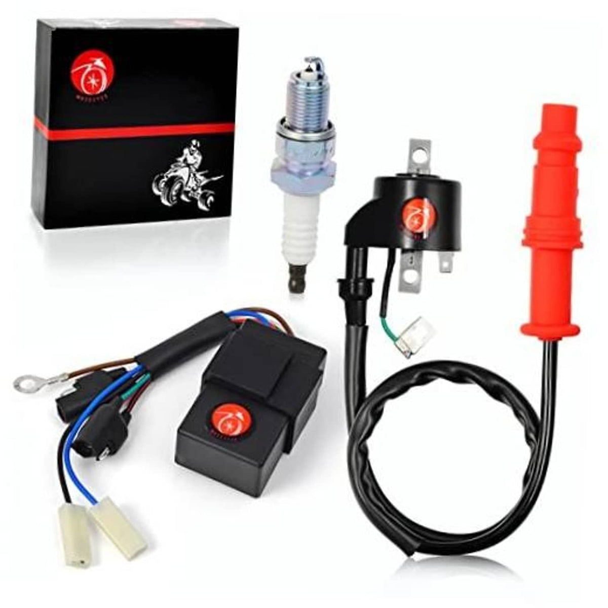 Ignition coil and CDI box kit with spark plug, black module, and wiring harness