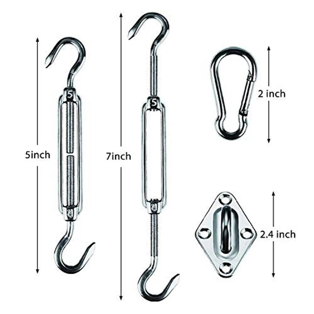 Shade sail hardware size guide: snap hooks, turnbuckles, and pad eye measurements in inches