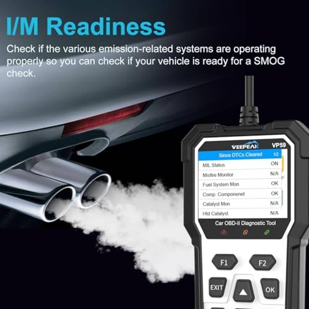 Car OBD2 diagnostic scanner with screen, F1/F2 keypad, and OBD cable