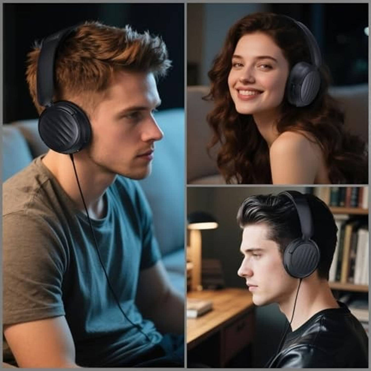 Black over-ear headphones on two people, split view showing listening comfort