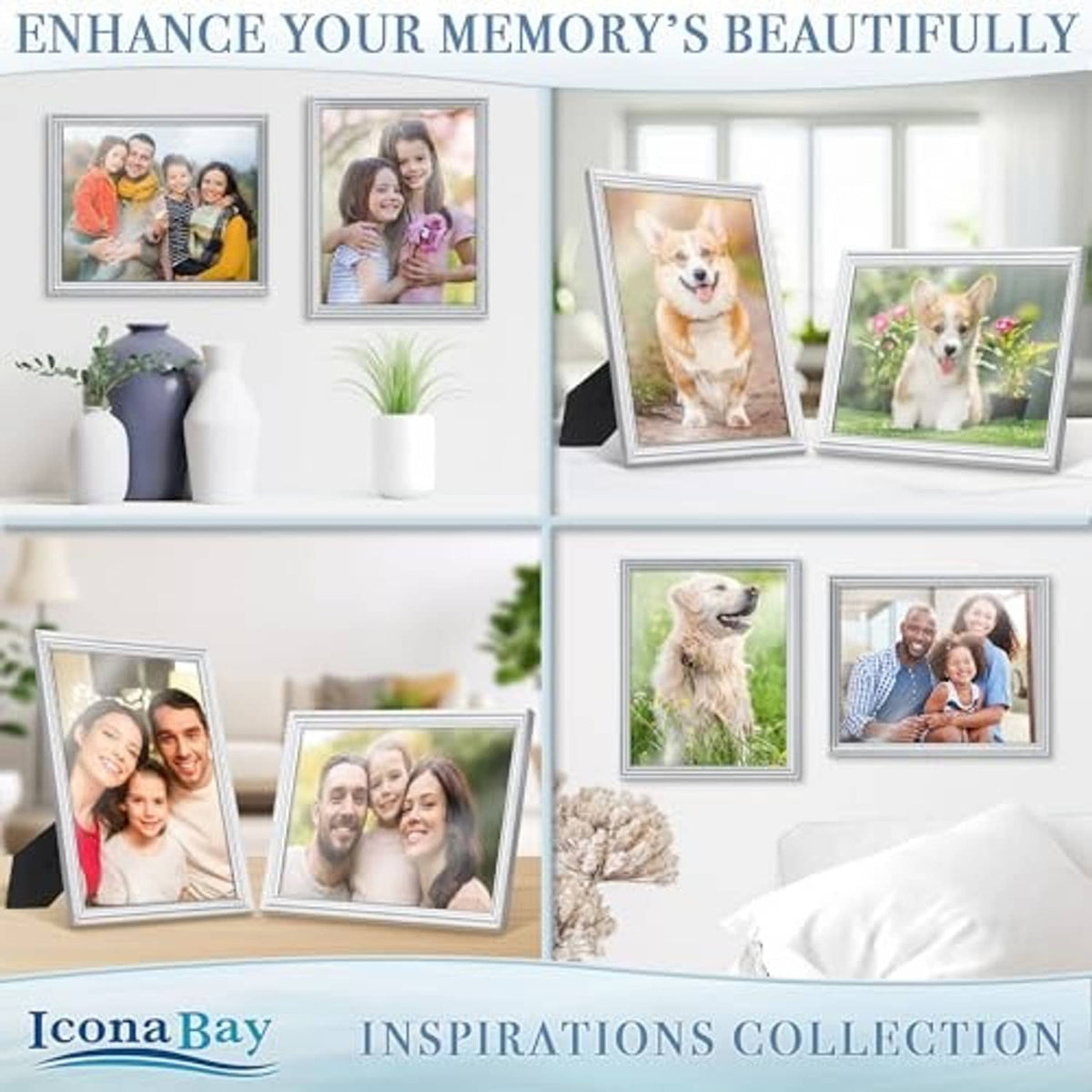 Set of silver 8x10 picture frames displaying multiple family photos on shelves