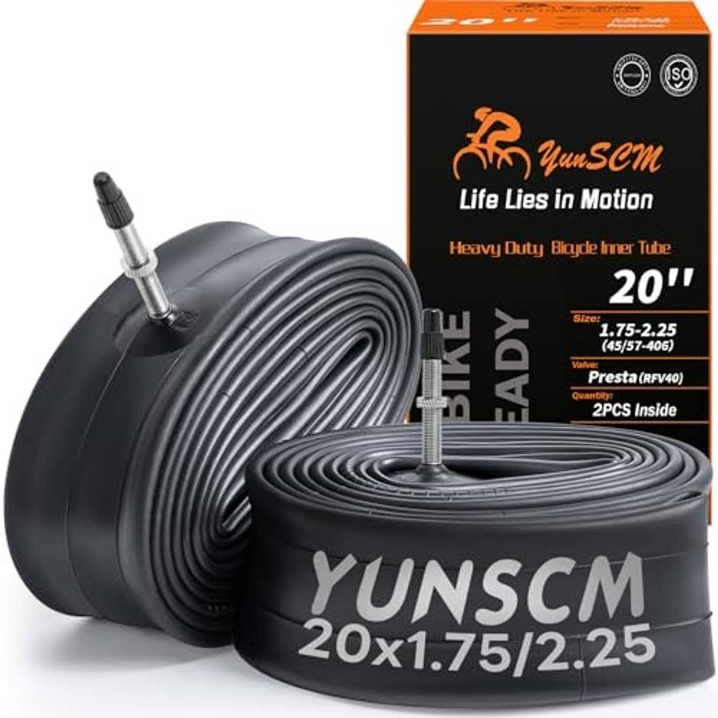 Rolled black 20-inch bike inner tubes with Presta valve and YUNSCM branding