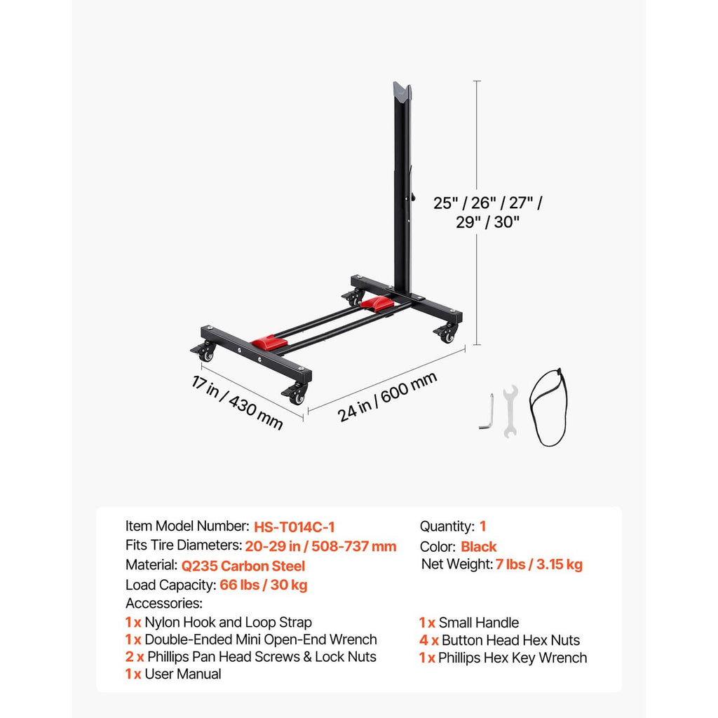 Freestanding bike storage rack with black steel frame, red pads, and four casters