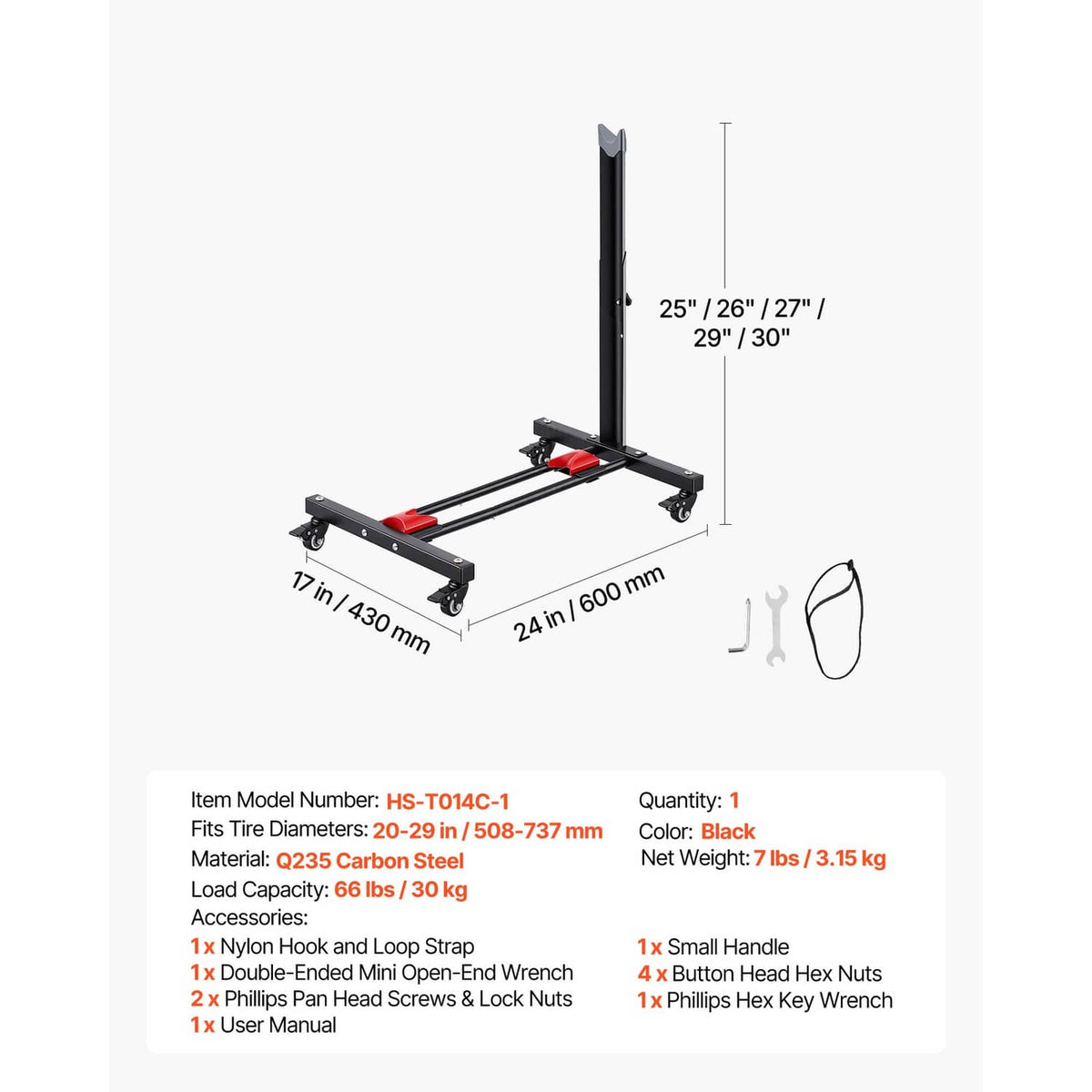 Freestanding bike storage rack with black steel frame, red pads, and four casters