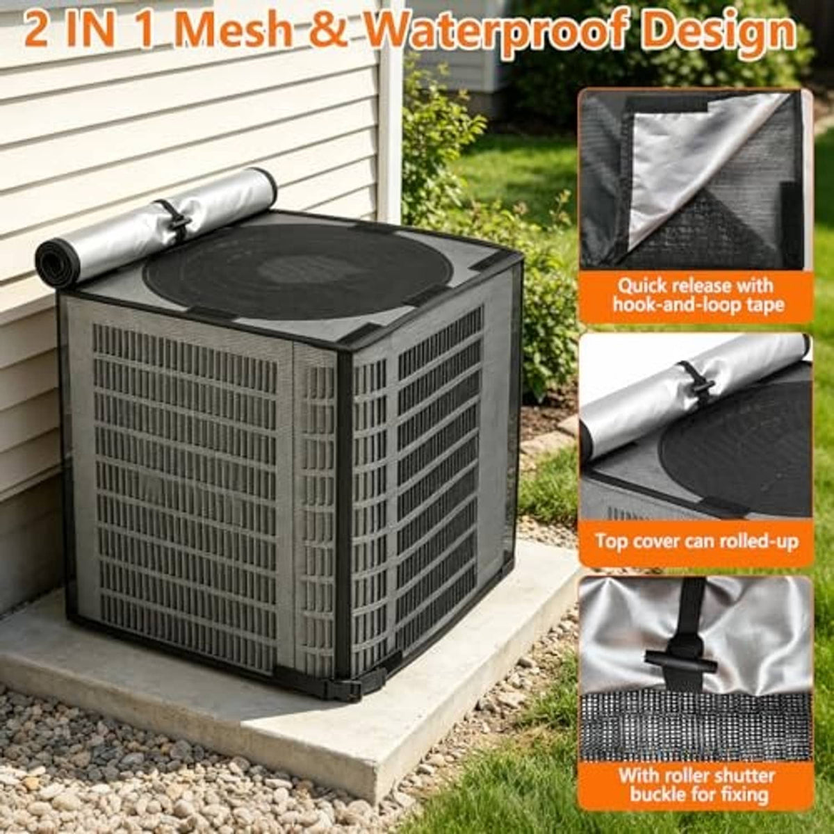 Mesh air conditioner cover on outdoor unit with water-resistant black top and roller roll-up