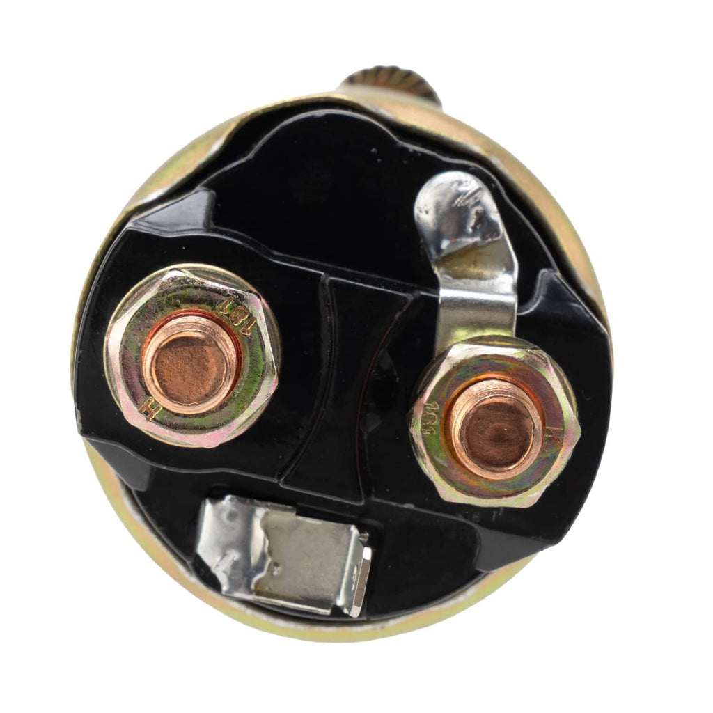 Starter solenoid relay switch top view with two copper terminals on black base