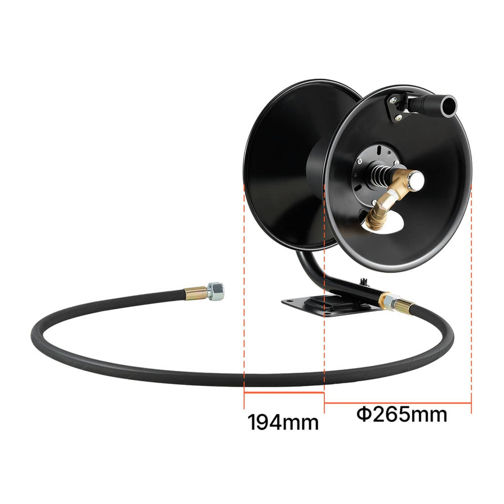 Black pressure washer hose reel with dimensions overlay and coiled hose