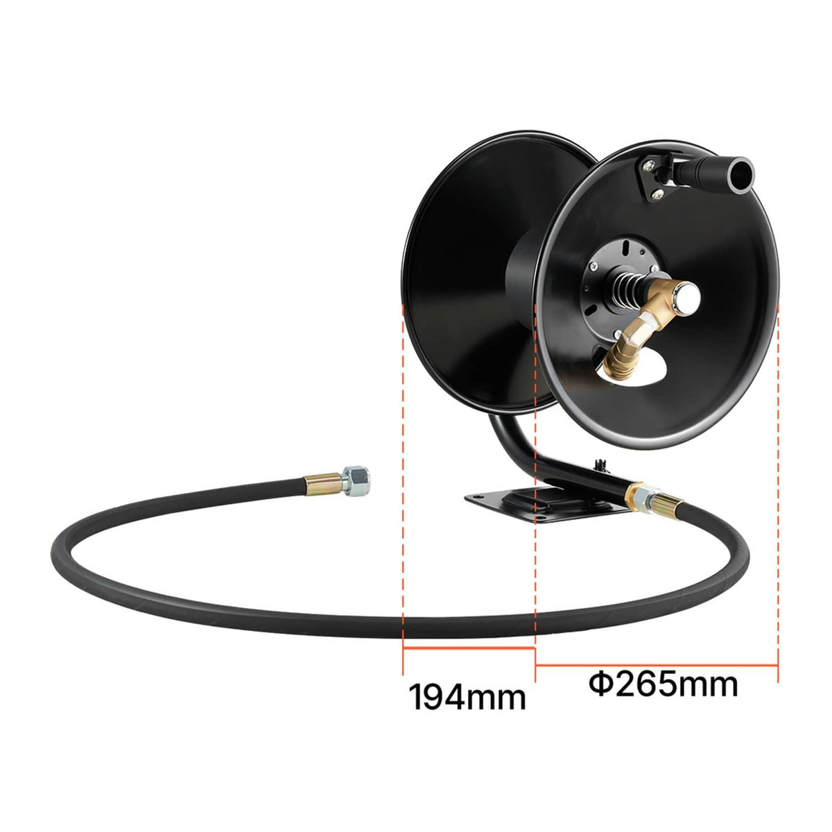 Black pressure washer hose reel with dimensions overlay and coiled hose