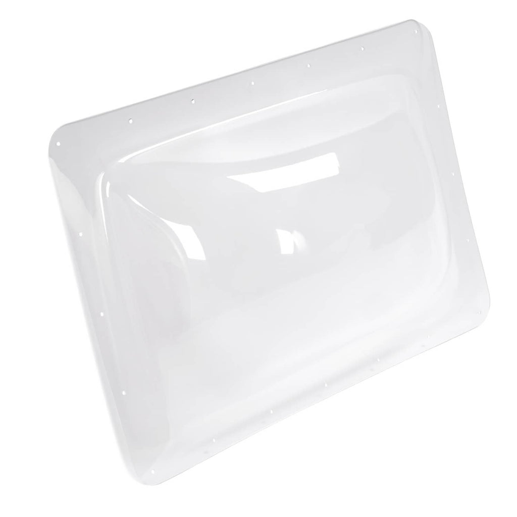 Clear rectangular plastic RV skylight cover with dome bubble top and corner fastener holes