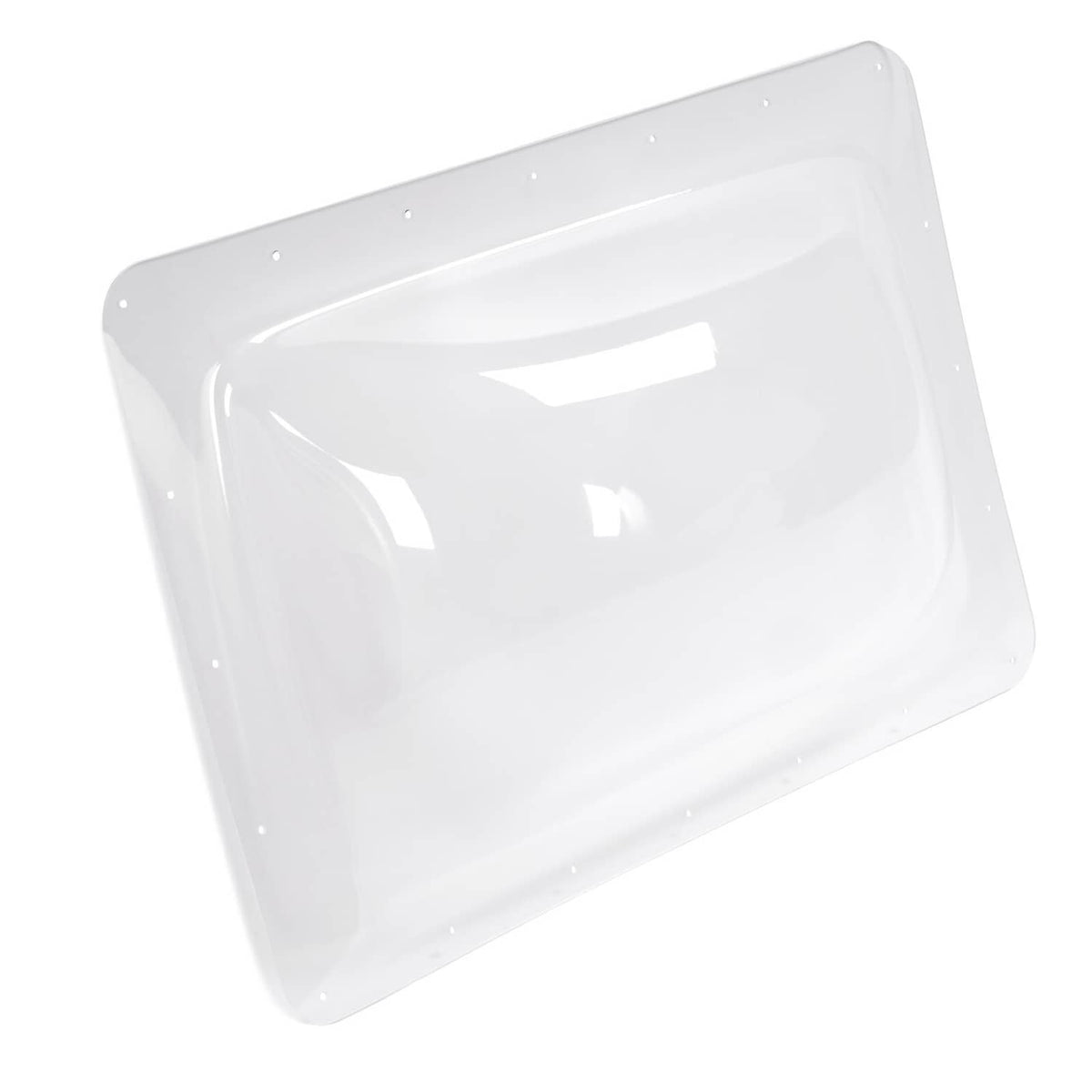 Clear rectangular plastic RV skylight cover with dome bubble top and corner fastener holes