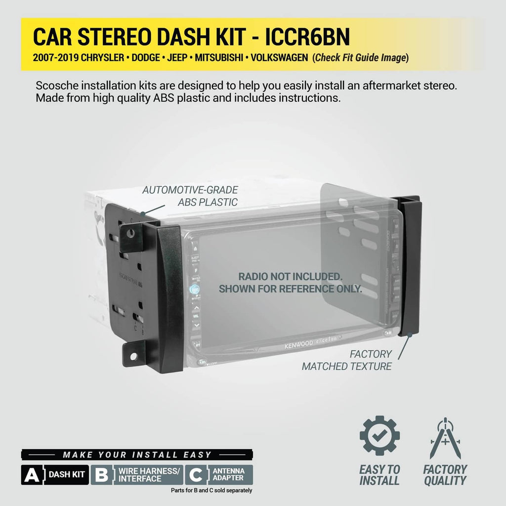 Double DIN radio dash kit with clear ABS frame and black mounting brackets