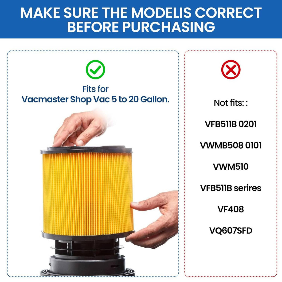 Shop vac replacement filter with yellow pleated media and black cap, shown in hands