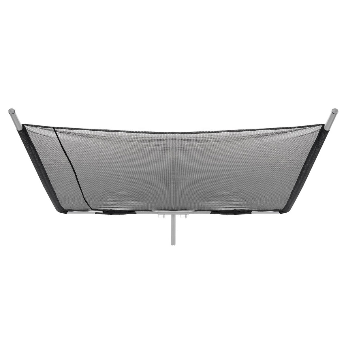 Hammock-style boat sun shade with dark gray mesh and silver frame mounts