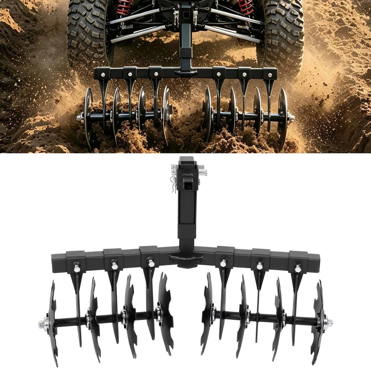 Black receiver disc plow harrow with 8 curved disc blades on a steel frame