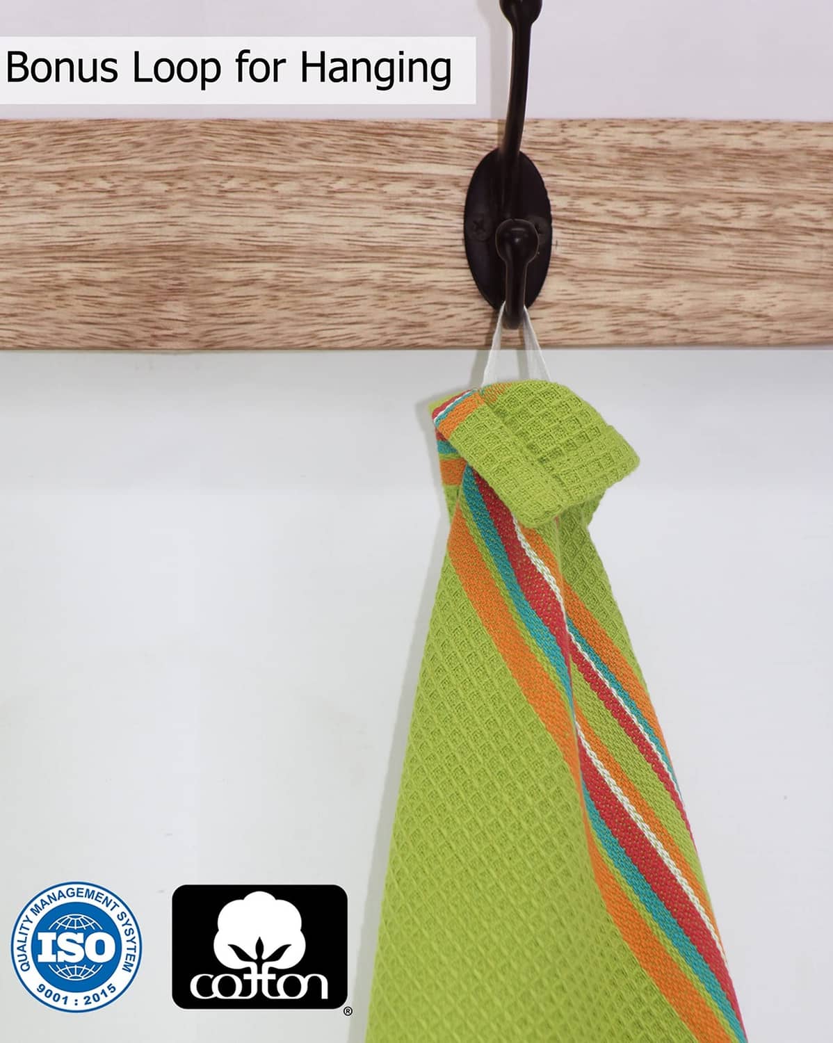 Hanging cotton kitchen towel with green base and multicolor striped accent