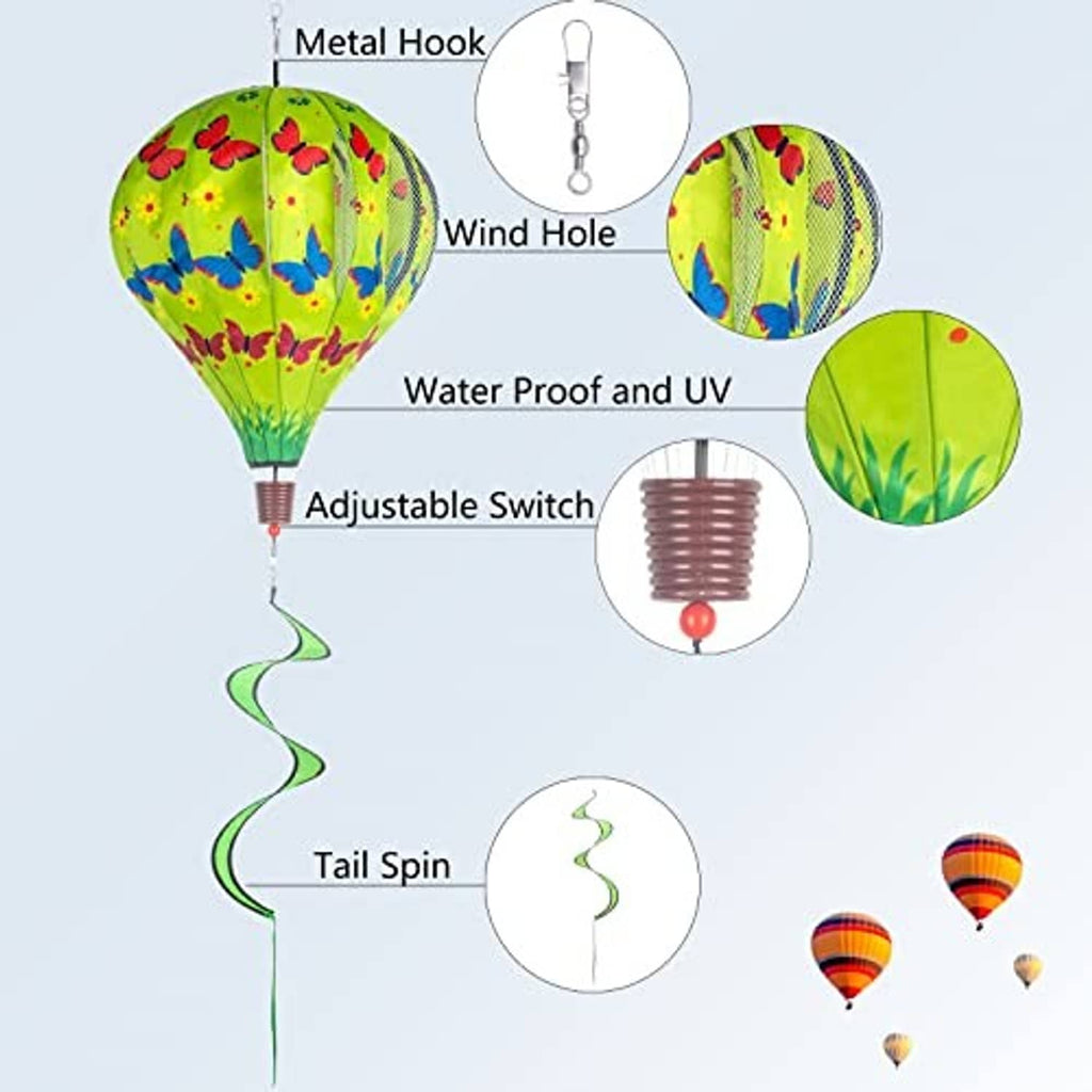 Green butterfly hot air balloon wind spinner with metal hook, wind hole, and adjustable switch