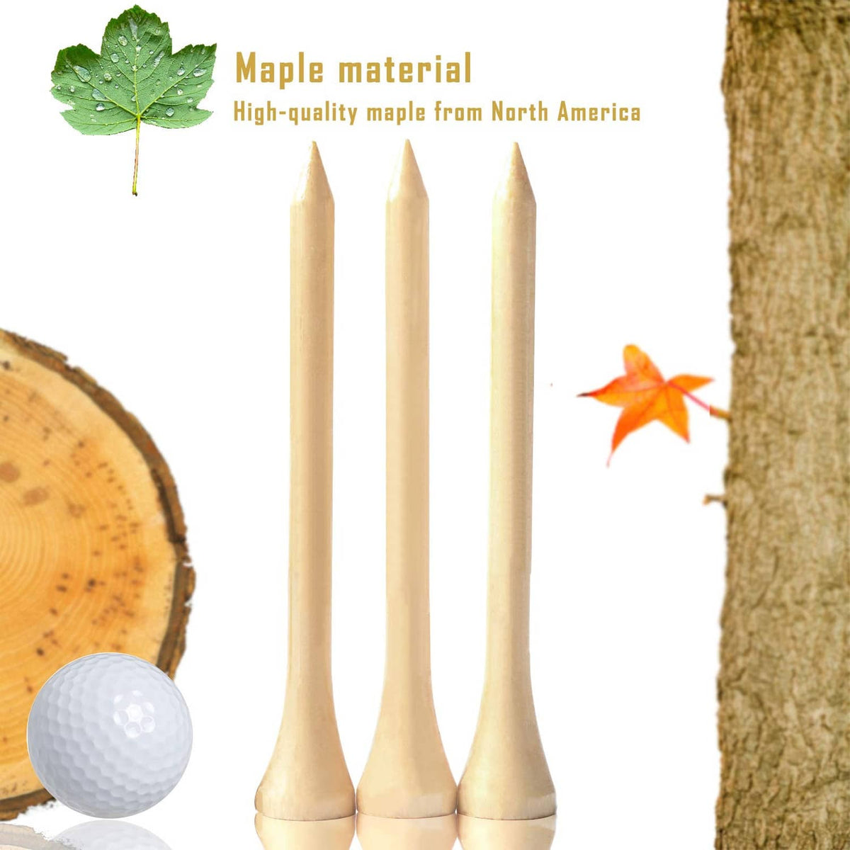 Light wood golf tees upright with a golf ball and wooden log cross-section
