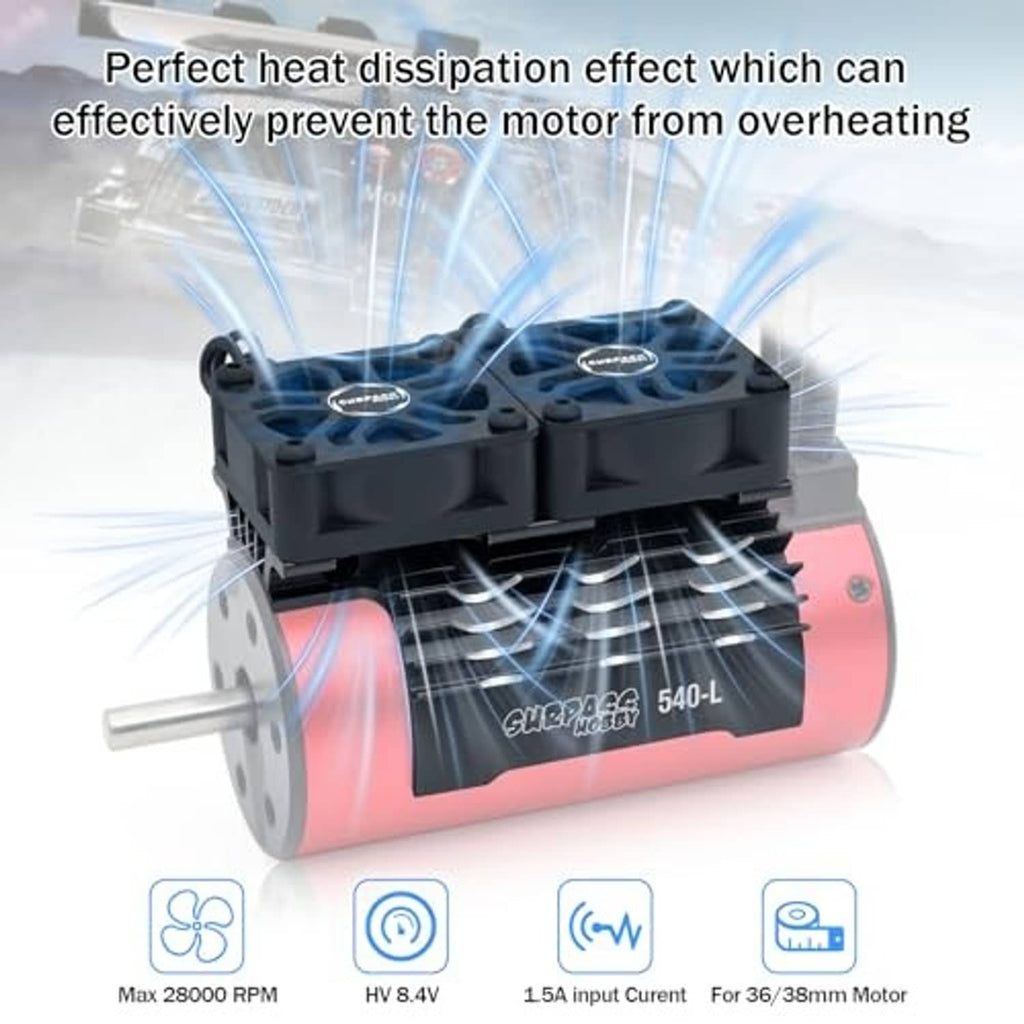 Black twin RC motor cooling fan mounted on a red cylindrical motor body