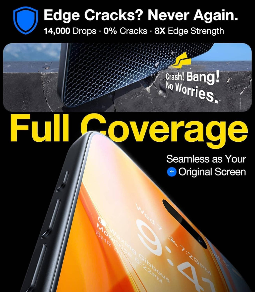 Full-coverage clear 9H+ glass screen protector for iPhone 16 Pro, edge-strength design