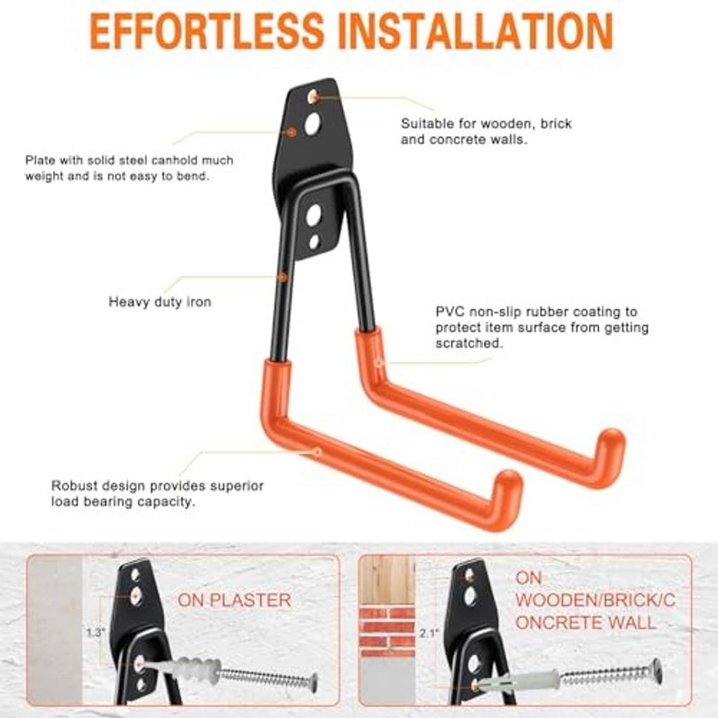 Black and orange U-hook garage wall hook with non-slip rubber-coated feet.