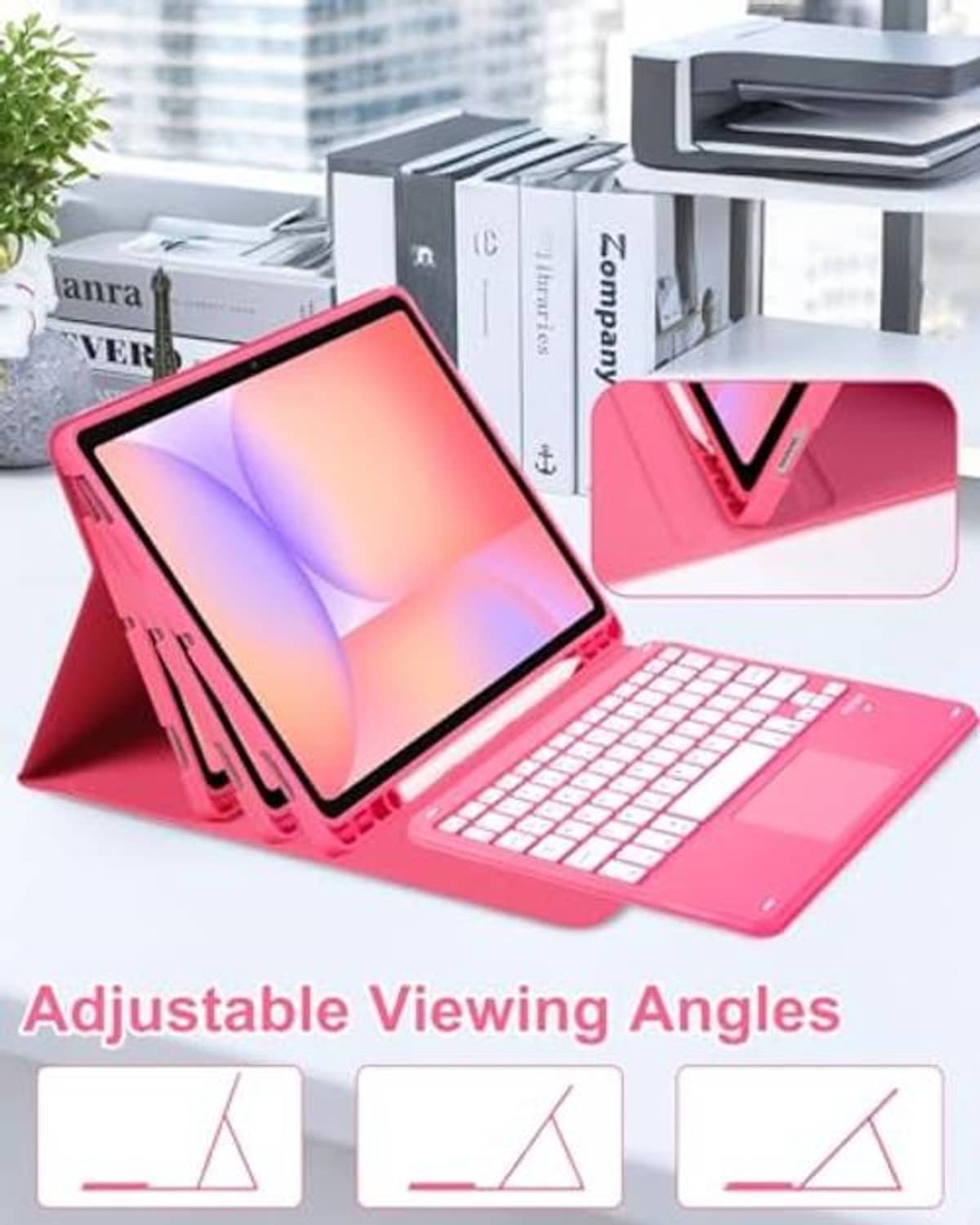 Pink adjustable-angle keyboard case with folding tablet viewing stand