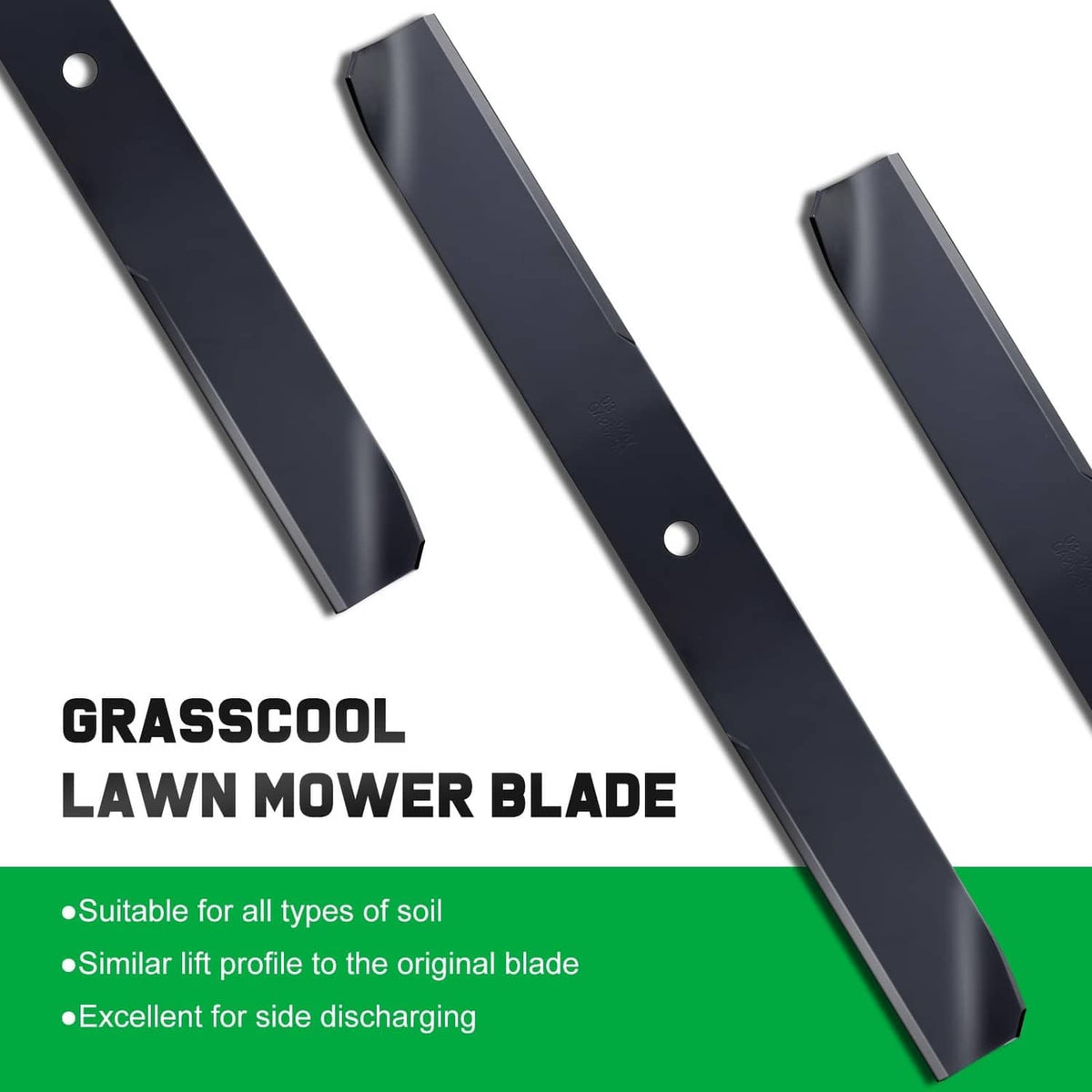Black lawn mower blade set with mounting holes